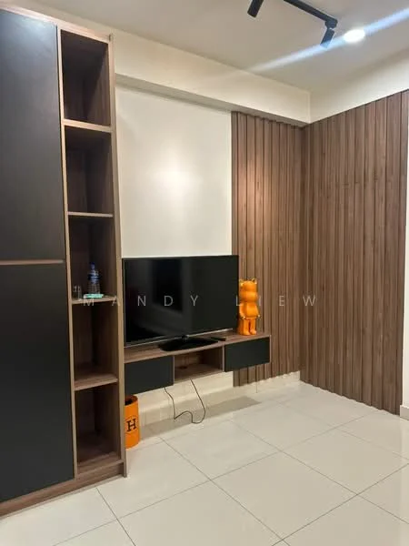 Living features: white painted walls, wood panel accent wall, glossy tile flooring, wall-mounted TV, black TV console, open shelving unit, decorative orange figure, bottle of water on shelf, recessed lighting, black cabinetry; style: modern.