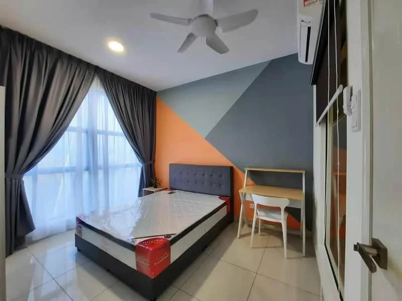 Bedroom features: queen-size bed, upholstered headboard, study desk, white chair, floor-to-ceiling windows, sheer curtains, grey painted walls, orange accent wall, blue accent wall, ceiling fan, wall-mounted air conditioning unit, glossy tile flooring, decorative plant; style: modern.