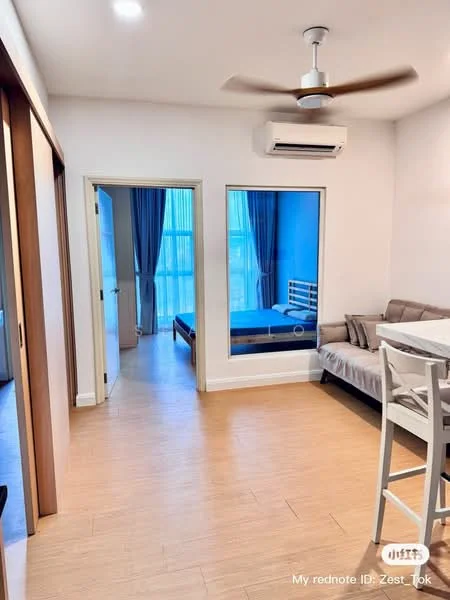 Living features: laminate flooring, white painted walls, 5-blade ceiling fan with light, wall-mounted split AC, sofa, dining table with chairs, floor-to-ceiling windows, curtains, decorative wall mirror; style: modern. Bedroom features: laminate flooring, white painted walls, single bed, bedding, window with curtains; style: modern.