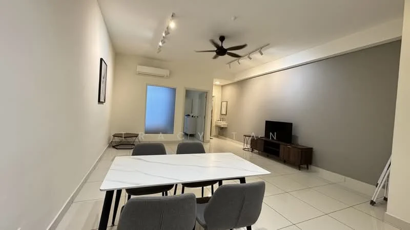 Living features: white painted walls, grey accent wall, tile flooring, 5-blade ceiling fan with light, recessed downlights, wall-mounted TV, wooden TV console, dining table with marble top, 4 grey upholstered dining chairs, air conditioning unit; style: modern.