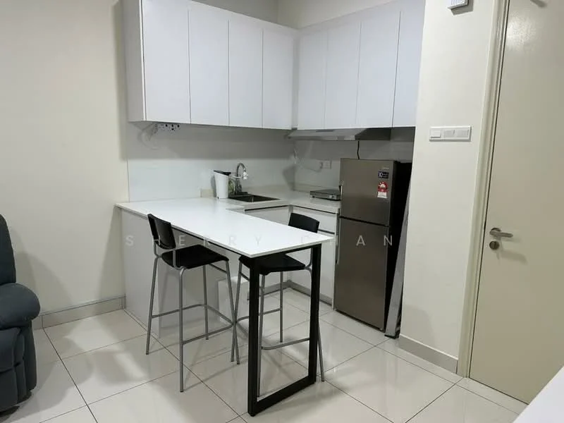 Kitchen features: white cabinetry, white countertop, stainless-steel fridge, built-in sink, chrome pull-down faucet, stainless-steel appliances, bar stools, tile flooring, wall-mounted cabinets, backsplash, open layout; style: modern.