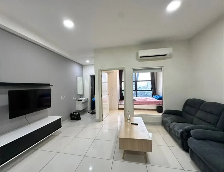 Living features: grey accent wall, white painted walls, white tiled flooring, sofa in dark grey fabric, coffee table in light wood, wall-mounted TV, air conditioning unit, recessed downlights; style: modern. Bedroom features: queen-size bed with bedding, window with city view, blue bedding, visible closet, light-colored walls; style: modern; view: city.