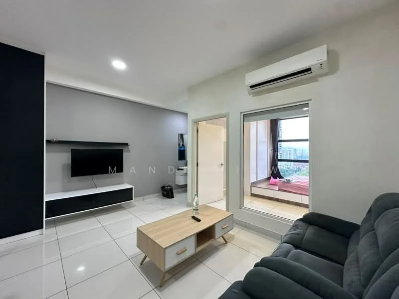 Living features: grey accent wall, white painted walls, glossy white tile flooring, 3-seater fabric sofa in grey, coffee table with wooden top and white legs, wall-mounted TV, TV console with storage, floor-to-ceiling windows, curtains, 1 wall-mounted split AC; style: modern; view: city.