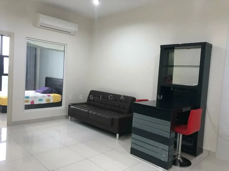Living features: 3-seater leather sofa in dark brown, white painted walls, glossy ceramic tile flooring, 1 wall-mounted split AC, recessed downlights, glass-front display cabinet, red upholstered dining chair, small dining table, large mirror, window with view to bedroom; style: modern. Bedroom features: queen-size bed with colorful bedding, window with natural light.