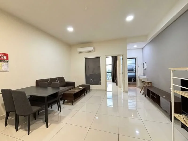 Living features: white painted walls, grey accent wall, glossy tile flooring, sofa in dark brown, coffee table in wood, 6-seater dining table, upholstered dining chairs, wall-mounted air conditioning unit, floor-to-ceiling windows, ceiling lights, decorative mirror, open shelving unit; style: modern.