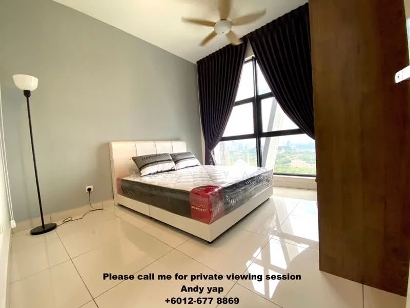 Bedroom features: king-size bed with headboard, white bedding, floor-to-ceiling windows, blackout curtains, laminate flooring, white painted walls, 1 floor lamp, decorative wall, city view; style: modern; view: city.