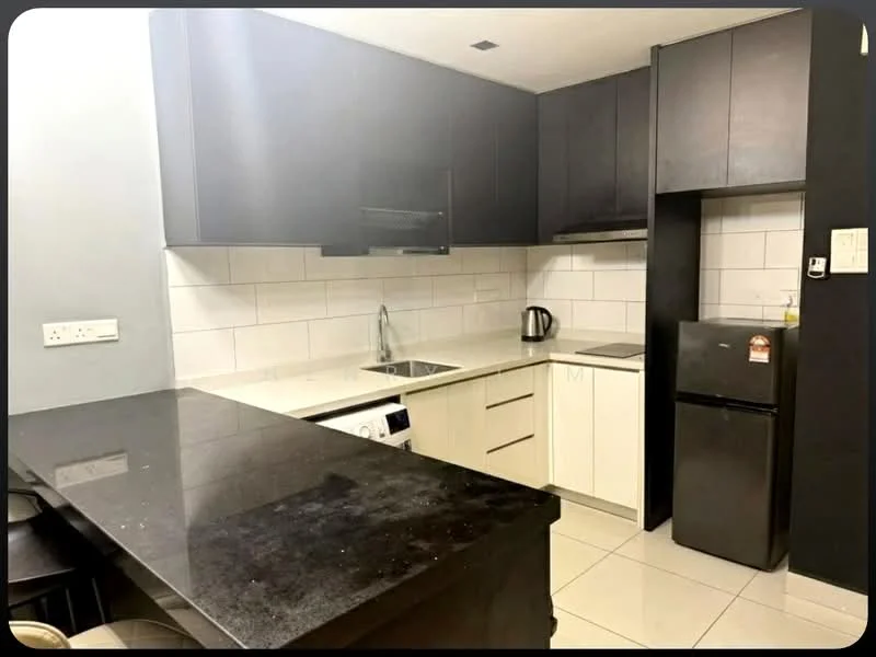 Kitchen features: black granite countertop, white laminate cabinetry, stainless-steel single-bowl sink, chrome pull-down faucet, built-in oven, black refrigerator, white tiled backsplash, ceramic tile flooring, kettle, washing machine, bar seating area, under-cabinet lighting; style: modern.