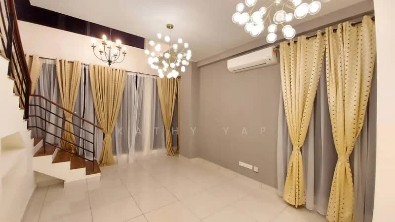Living features: white painted walls, grey accent wall, ceramic tile flooring, 5-blade ceiling fan with light, chandelier, curtains in gold and grey, floor-to-ceiling windows, air conditioning unit; style: modern.