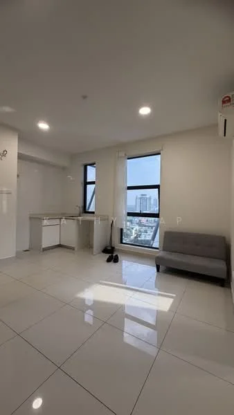 Living features: white painted walls, glossy white tile flooring, floor-to-ceiling windows, 1 wall-mounted split AC, recessed downlights, sofa, kitchenette with countertop, city view; style: modern; view: city.