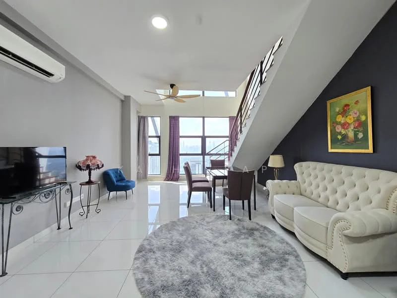 Living features: white painted walls, polished ceramic tile flooring, 5-blade ceiling fan with light, wall-mounted TV, sofa with cream upholstery, coffee table, dining table with chairs, area rug with circular shape, floor-to-ceiling windows, curtains, decorative artwork, side table with lamp; style: modern; view: city.