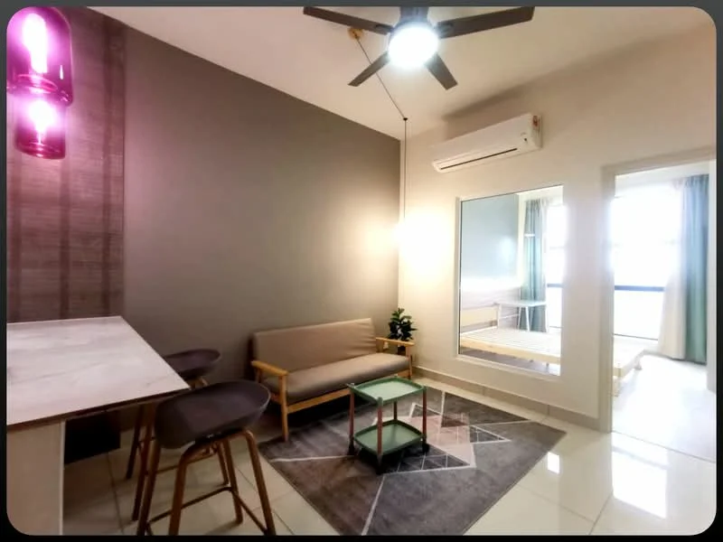 Living features: grey accent wall, white painted walls, marble tile flooring, 5-blade ceiling fan with light, pendant lamp, sofa in light beige, green coffee table, area rug with geometric pattern, potted plant, floor-to-ceiling windows with sheer curtains, air conditioning unit; style: modern. Room features: white painted walls, marble tile flooring, floor-to-ceiling windows.