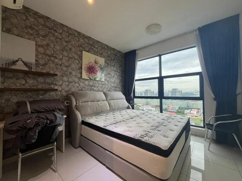 Bedroom features: queen-size bed with mattress, upholstered headboard, grey bedding, stone accent wall, floor-to-ceiling windows, city view, white painted walls, ceramic tile flooring, 1 wall-mounted split AC, blackout curtains, shelving unit, metal chair; style: modern; view: city.