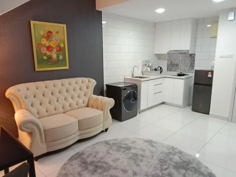 Kitchen features: white cabinetry, grey tiled backsplash, stainless-steel sink, chrome pull-down faucet, built-in oven, freestanding fridge, front-load washing machine, white walls, recessed downlights, grey area rug, beige tufted sofa, framed floral artwork; style: modern.
