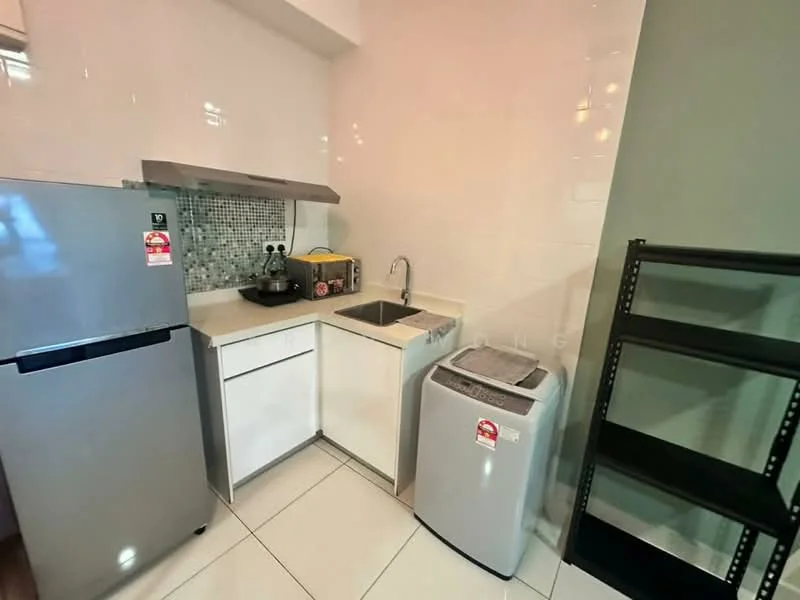 Kitchen features: stainless-steel fridge, built-in oven, single-bowl stainless-steel sink, chrome pull-down faucet, white cabinetry, countertop with light-colored surface, ceramic tile flooring, washing machine, open shelving unit, mosaic tile backsplash; style: modern.