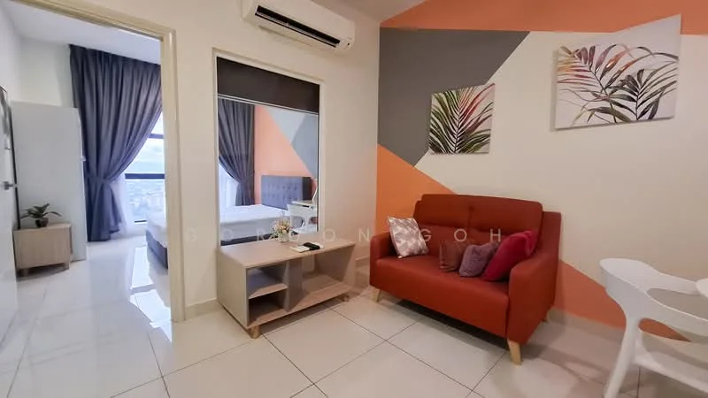 Living features: red fabric sofa, coffee table with light wood finish, decorative pillows in various colors, framed artwork on walls, grey accent wall, white walls, tile flooring, air conditioning unit, floor-to-ceiling window with city view, curtains, small indoor plant; style: modern; view: city. Bedroom features: queen-size bed, grey upholstered headboard, white bedding, mirror on wall, nightstand, lamp, wardrobe, window with curtains; style: modern; view: city.