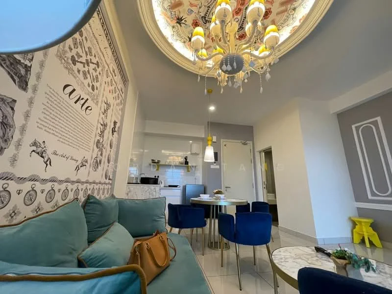 Living features: blue fabric sofa, marble coffee table, 6-seater dining table, upholstered dining chairs, chandelier with multiple bulbs, decorative wall art, white painted walls, recessed lighting, tile flooring, kitchen area visible in background; style: modern.