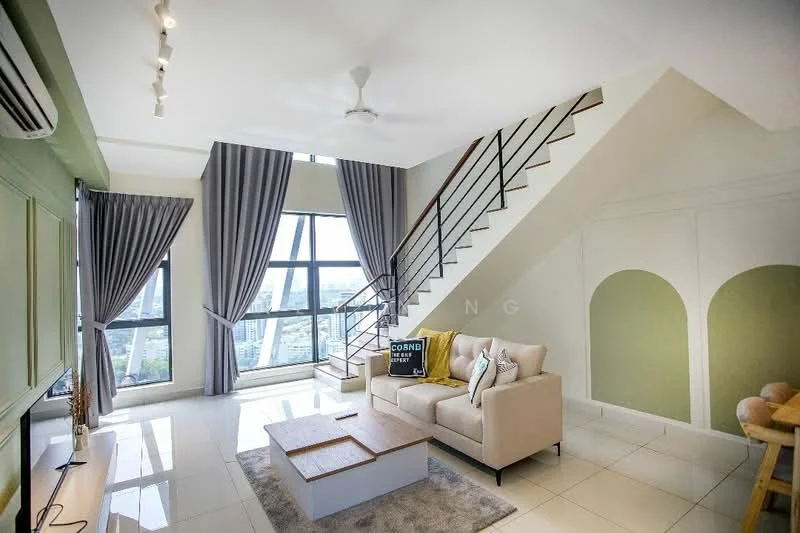 Living features: floor-to-ceiling windows, grey curtains, white walls, green accent wall, sofa in beige fabric, coffee table, area rug, ceiling fan, recessed downlights, staircase with metal railing, decorative wall with arches, TV console; style: modern; view: city.