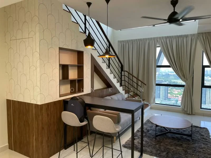 Living features: grey fabric sofa, round coffee table, wooden accent wall, open shelving unit, pendant lighting, 5-blade ceiling fan, floor-to-ceiling windows, curtains, city view, white tiled flooring; style: modern; view: city.