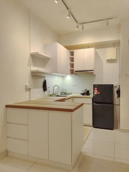 Kitchen features: white cabinetry with wood countertop, single-bowl stainless-steel sink, chrome pull-down faucet, built-in oven, black fridge, ceramic tile flooring, recessed downlights, open shelving, wall-mounted cabinets, kitchen island, neutral wall color, tile backsplash; style: modern.
