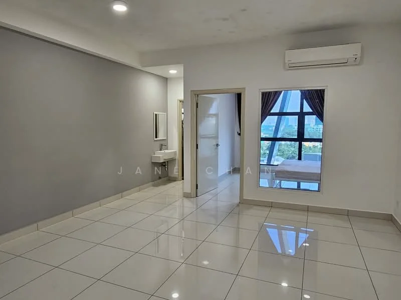 Room features: grey painted walls, white tiled flooring, recessed downlights, floor-to-ceiling windows, air conditioning unit, doorway leading to bathroom, curtains on windows, natural light from windows; style: modern; view: city.