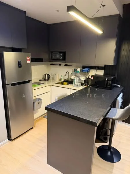 Kitchen features: stainless-steel fridge, built-in microwave, black countertop, white cabinetry, kitchen island with seating, sink, chrome faucet, electric kettle, water dispenser, ceramic tile flooring, recessed lighting, pendant light, wall-mounted cabinets; style: modern.