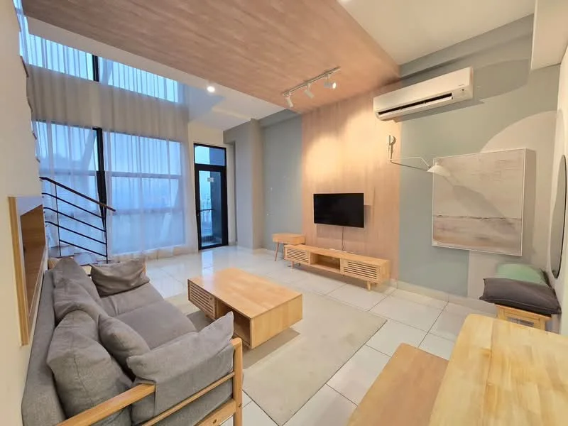 Living features: grey fabric sofa, wooden coffee table, TV console, wall-mounted TV, floor-to-ceiling windows, curtains, recessed downlights, ceiling-mounted air conditioning unit, wood panel accent wall, light-colored tile flooring, decorative wall art, side table, open staircase; style: modern; view: city.