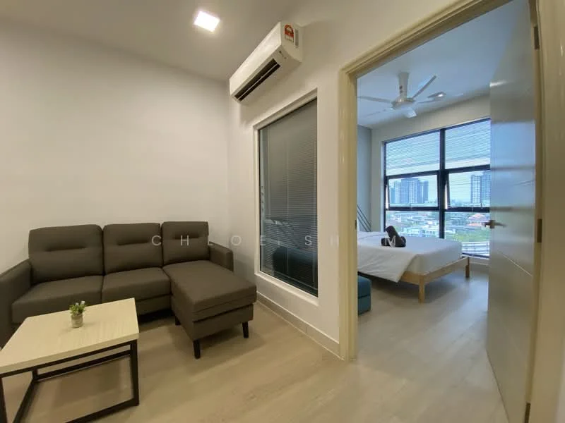 Living features: grey fabric sofa with chaise, light wood coffee table, white painted walls, light wood flooring, ceiling fan, wall-mounted split AC, floor-to-ceiling windows, city view; style: modern; view: city. Room features: white painted walls, light wood flooring, doorway leading to bedroom.