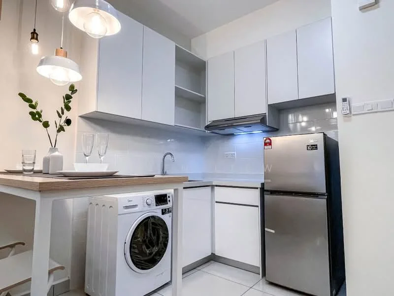 Kitchen features: white cabinetry, stainless-steel refrigerator, built-in oven, single-bowl stainless-steel sink, chrome pull-down faucet, white tiled backsplash, washing machine, wood countertop, ceramic tile flooring, recessed downlights, pendant lighting, open shelving; style: modern.
