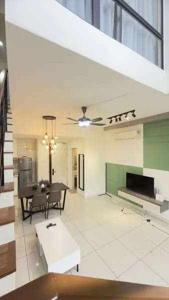 Living features: white painted walls, green accent wall, tile flooring, 5-blade ceiling fan with light, recessed LED downlights, wall-mounted TV, TV console, coffee table, dining table with chairs, floor-to-ceiling windows, air conditioning unit; style: modern. Kitchen features: stainless-steel fridge, white cabinetry, open layout, tile flooring; style: modern.
