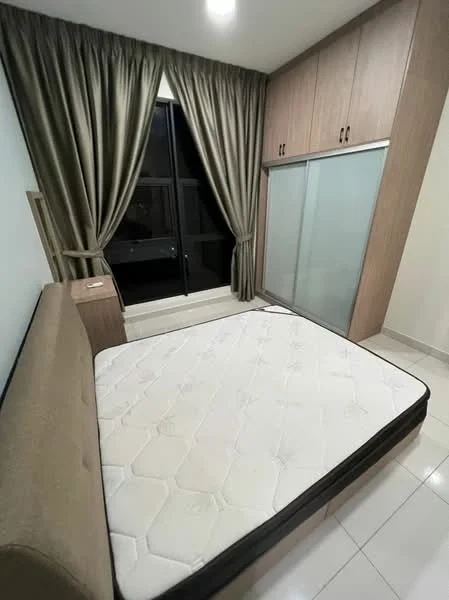 Bedroom features: queen-size bed frame, mattress, built-in wardrobe with sliding glass doors, wood cabinetry, floor-to-ceiling window, curtains in olive green, white tiled flooring, recessed ceiling lights; style: modern.