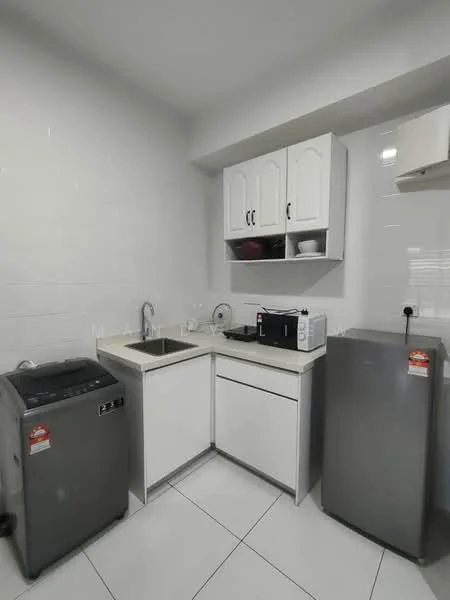 Kitchen features: white cabinetry with raised panel doors, stainless-steel single-bowl sink, chrome pull-down faucet, white countertop, built-in microwave, freestanding fridge, front-load washing machine, white tiled walls, white tiled flooring, under-cabinet lighting; style: modern.