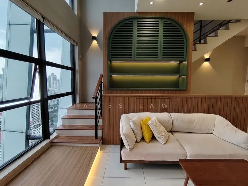 Living features: large floor-to-ceiling windows, wooden staircase, light wood flooring, cream fabric sofa, yellow decorative pillows, wood panel accent wall, green louvered feature wall, recessed lighting, white tiled flooring, decorative shelving, modern light fixtures; style: modern; view: city.