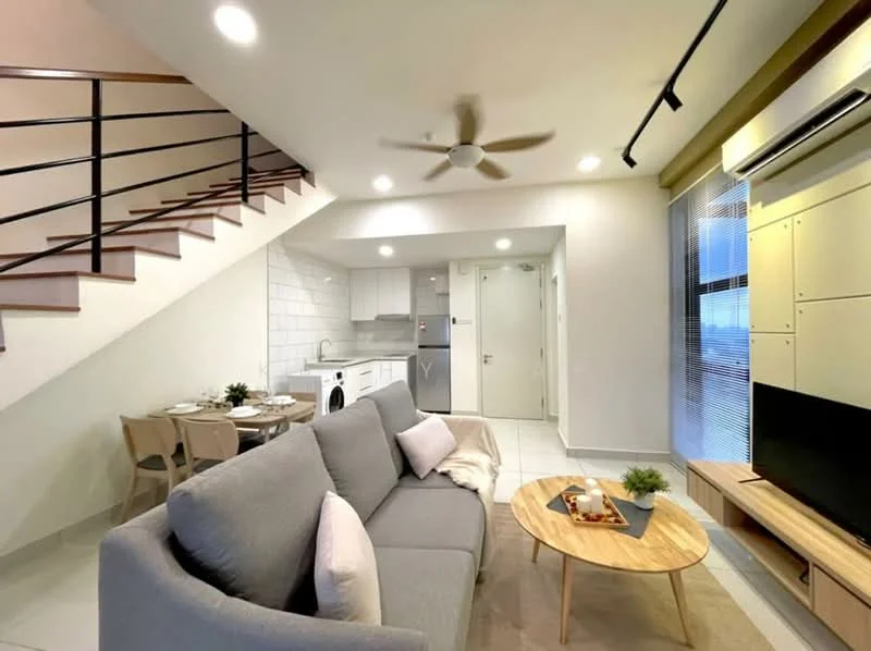 Living features: 3-seater fabric sofa in grey, round wooden coffee table, wall-mounted TV, TV console, 5-blade ceiling fan with light, recessed LED downlights, sliding glass door, floor-to-ceiling windows, white painted walls, tile flooring, decorative plant on table, open shelving unit, dining table with 4 chairs; style: modern; view: city. Kitchen features: white cabinetry, stainless-steel sink, built-in oven, freestanding washing machine, ceramic tile backsplash, refrigerator, 4-burner gas hob, exhaust hood; style: modern.