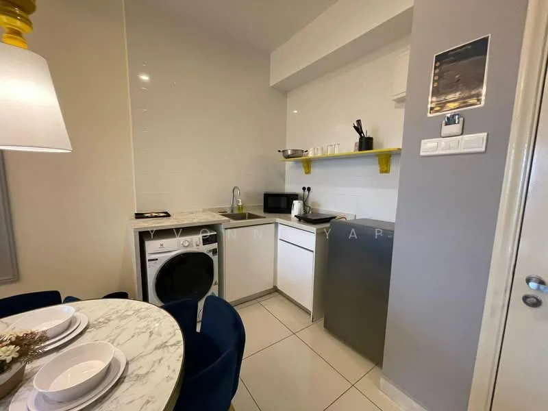 Kitchen features: white cabinetry, grey countertop, single-bowl stainless-steel sink, chrome pull-down faucet, built-in microwave, black microwave, washing machine, ceramic tile flooring, recessed downlights, round dining table with marble top, blue upholstered dining chairs, kettle; style: modern.