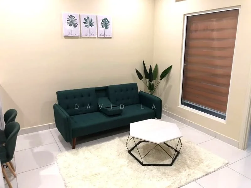Living features: green fabric sofa, white coffee table with geometric base, area rug with fluffy texture, framed botanical artwork on wall, potted plant, white painted walls, tile flooring, window with roller blinds; style: modern.