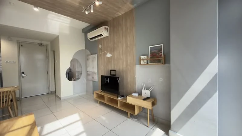 Living features: light grey painted walls, wood panel accent wall, white ceiling, recessed downlights, wall-mounted TV, wooden TV console, air conditioning unit, large window with natural light, tile flooring, dining table with chairs, decorative artwork on wall, floor-to-ceiling door, open layout; style: modern.