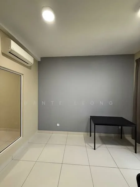Room features: white painted walls, grey accent wall, tile flooring, 1 wall-mounted split AC, recessed downlights, floor-to-ceiling window, sheer curtains, black table; style: modern.