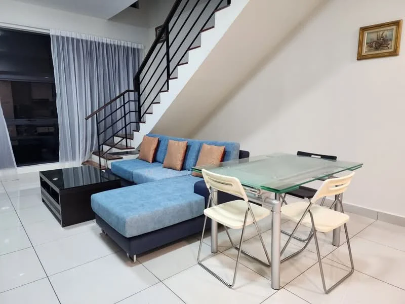 Living features: blue fabric sectional sofa, orange accent cushions, black coffee table, glass dining table, metal dining chairs, white tiled flooring, large window with sheer curtains, staircase with metal railing, wall-mounted artwork; style: modern.