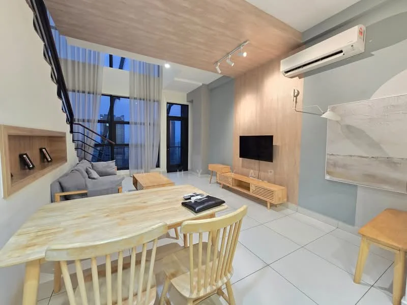 Living features: grey fabric sofa, wooden dining table, 4 wooden dining chairs, wall-mounted TV, wooden TV console, air conditioning unit, white tiled flooring, wood accent wall, large windows with sheer curtains, track lighting; style: modern; view: city.