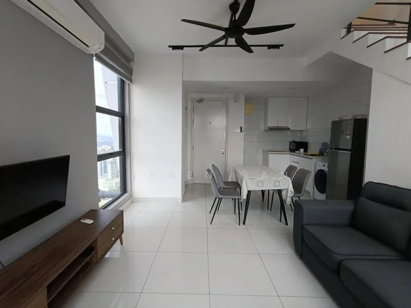 Living features: grey fabric sofa, wall-mounted TV, wooden TV console, dining table for 4, 4 dining chairs, white tiled flooring, ceiling fan with light, floor-to-ceiling windows, air conditioning unit, light grey painted walls, kitchen area visible in background, washing machine visible, refrigerator visible; style: modern; view: city.