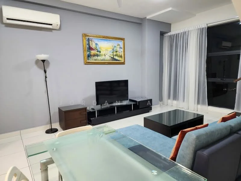 Living features: light grey painted walls, white tiled flooring, 5-blade ceiling fan with light, floor-to-ceiling windows, sheer curtains, sofa in light blue, coffee table in black, TV console in dark wood, wall-mounted TV, framed artwork, lamp with white shade; style: modern; view: city.