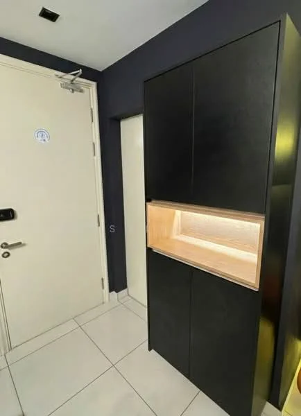 Room features: black cabinetry, wood accent panel, built-in storage, white tiled flooring, door with security lock, dark wall paint, recessed lighting, minimalist design; style: modern.