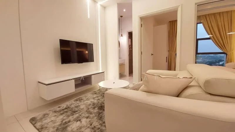 Living features: white painted walls, light-colored flooring, 3-seater fabric sofa in cream, coffee table, wall-mounted TV, TV console with storage, area rug with neutral tones, floor-to-ceiling windows, curtains in light yellow, recessed downlights; style: modern; view: city. Room features: doorway leading to bathroom, light-colored walls, curtains in light yellow.