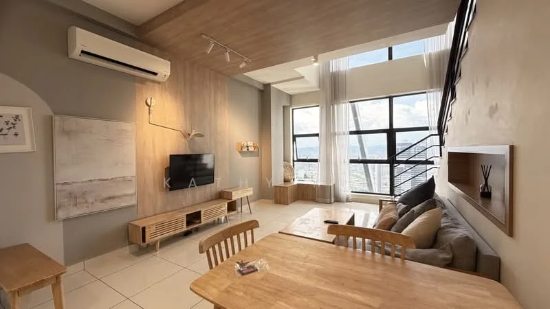 Living features: floor-to-ceiling windows, grey accent wall, wood paneling on one wall, white painted walls, sofa in light grey fabric, wooden coffee table, TV console with open shelving, wall-mounted TV, air conditioning unit, sheer curtains, decorative wall art, wooden dining table with chairs, area rug, decorative plants; style: modern; view: city.