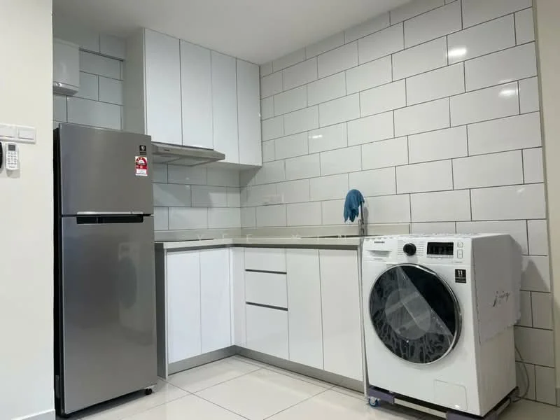 Kitchen features: white shaker cabinets, stainless-steel fridge, built-in oven, grey countertop, white subway tile backsplash, front-load washing machine, ceramic tile flooring, recessed downlights; style: modern.
