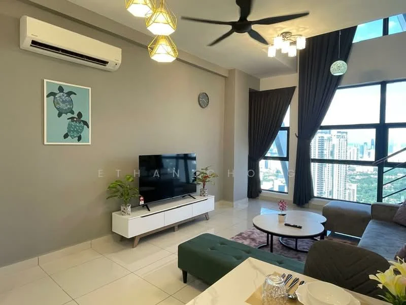 Living features: floor-to-ceiling windows, grey painted walls, white tiled flooring, 5-blade ceiling fan with light, wall-mounted TV, white TV console, green velvet ottoman, decorative wall clock, hanging pendant lights, black curtains, dining table with tableware, indoor plants; style: modern; view: city.