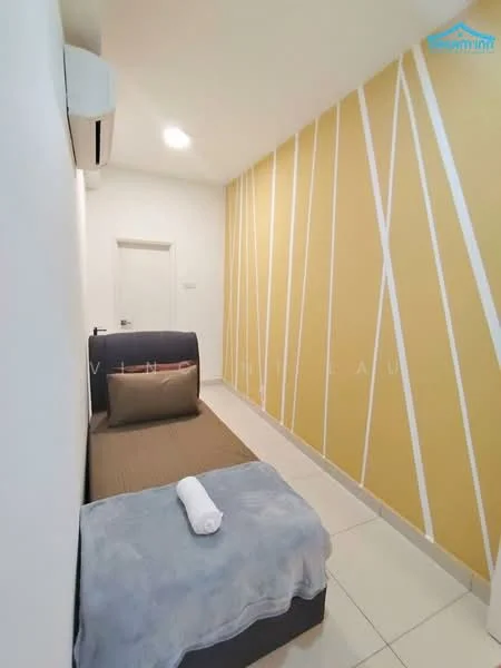 Bedroom features: single bed, grey bed frame, beige bedding, white walls, yellow accent wall with diagonal stripes, tile flooring, 1 wall-mounted split AC, recessed ceiling lights, door to hallway, towel on bed; style: modern.