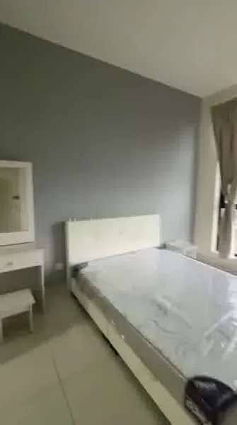 Bedroom features: queen-size bed, white bed frame, grey painted walls, large window with curtains, white bedside table, white dressing table, tile flooring, mirror on dressing table; style: modern.