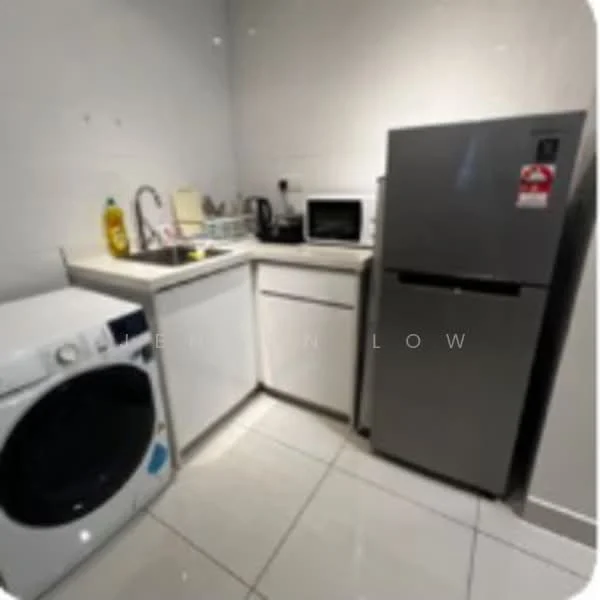 Laundry features: white front-load washing machine, stainless-steel fridge, built-in white cabinetry, white countertop, microwave, sink with chrome faucet, grey tiled flooring, white tiled walls, bottle of dish soap, kitchen utensils; style: modern.