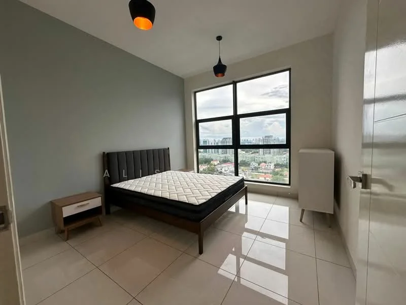 Bedroom features: king-size bed frame, mattress on bed frame, floor-to-ceiling windows, city view, grey painted walls, white tiled flooring, 2 pendant lights, nightstand with drawer, white cabinet; style: modern; view: city.